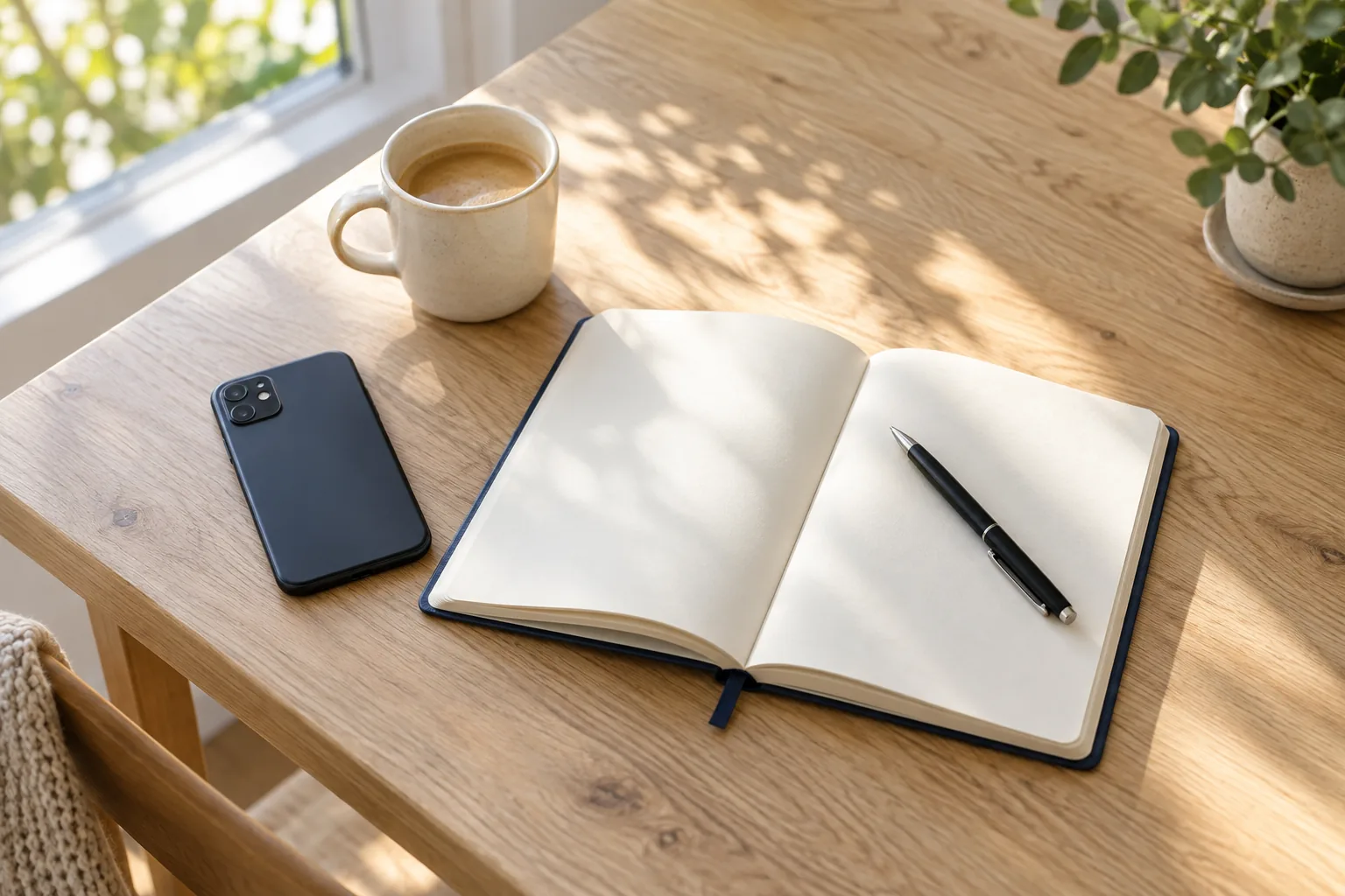 An open notebook, pen, phone, and ceramic cup on a sunlit table.