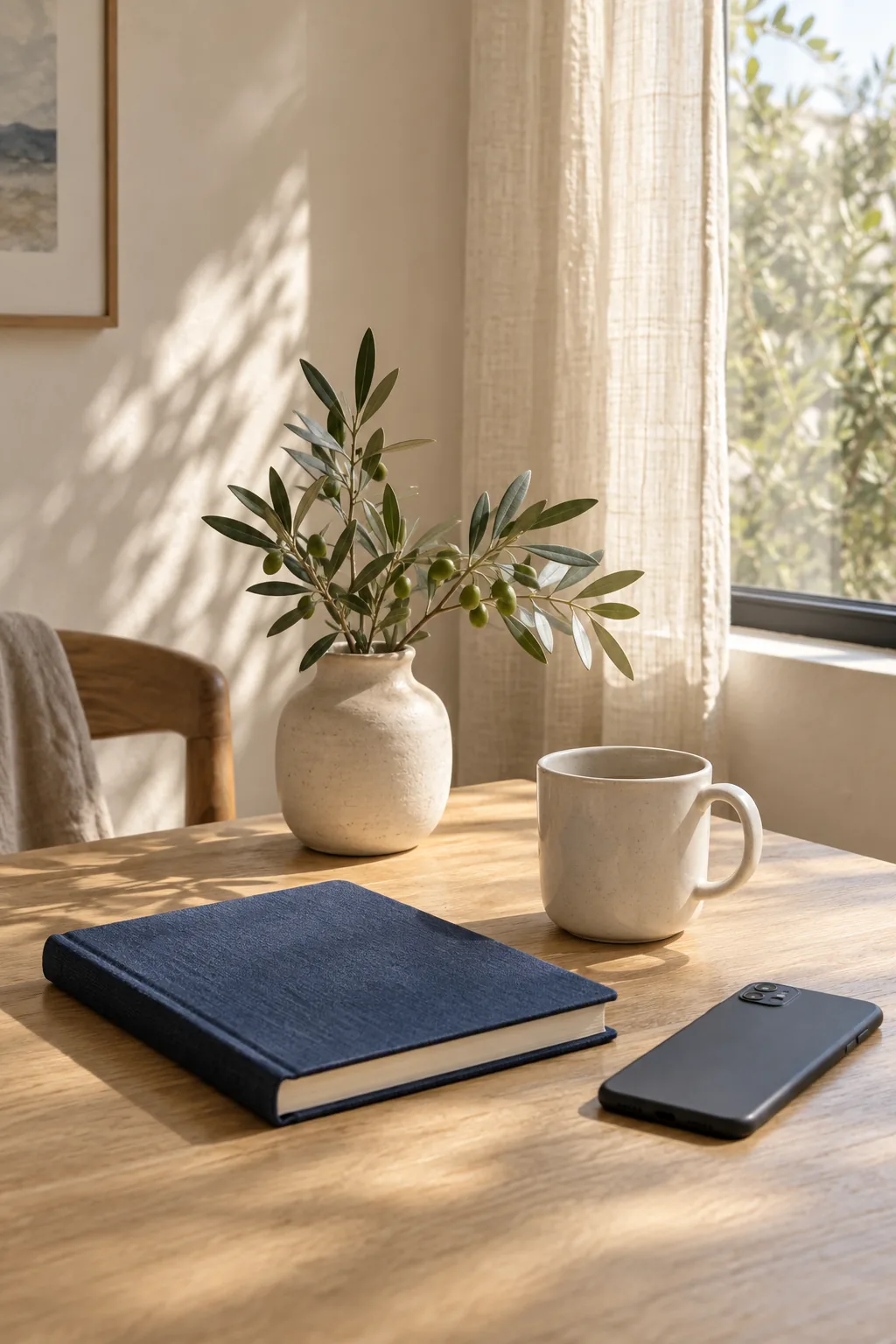 A notebook, phone, and ceramic cup beside a sunlit window.